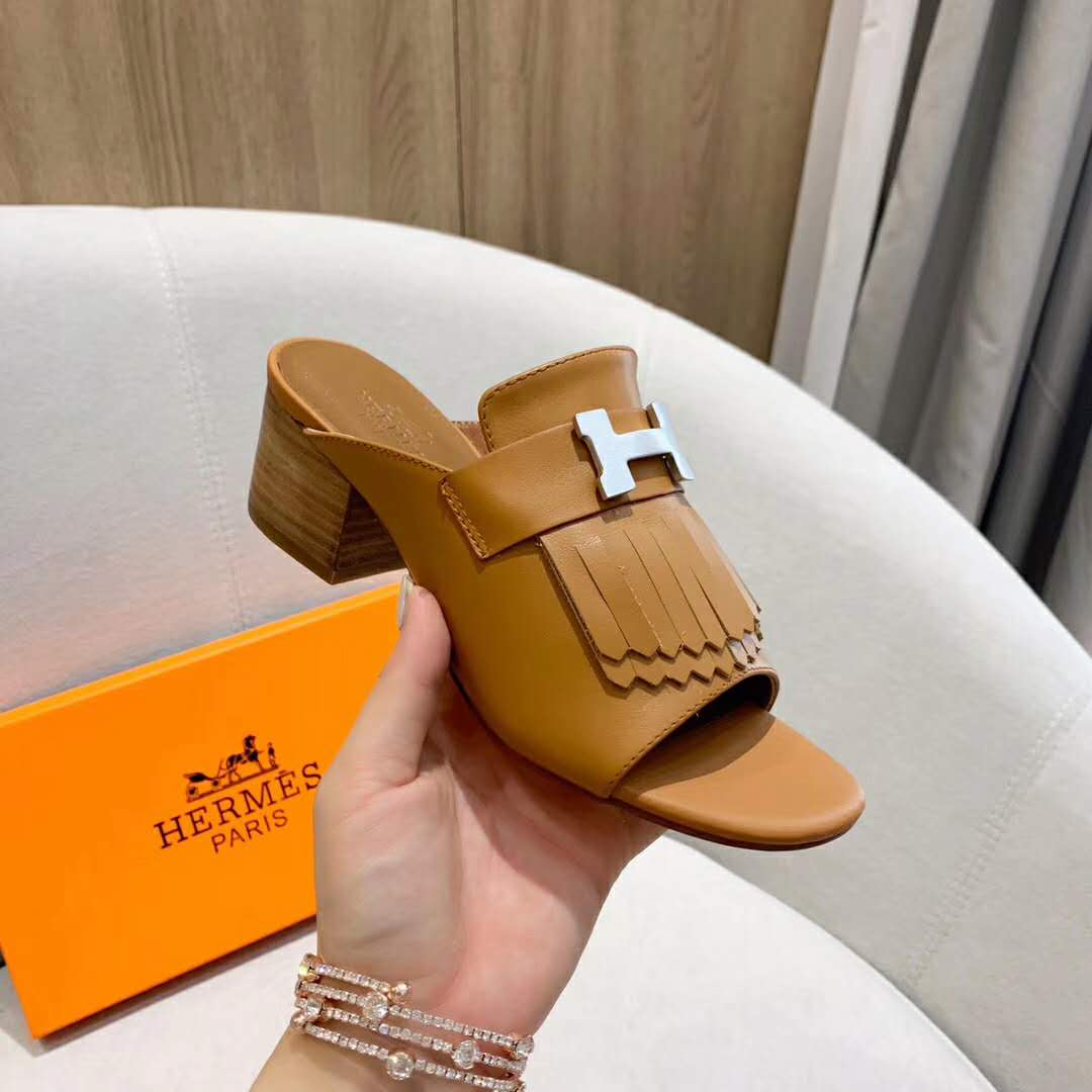 Hermes Women Alma Sandal Calfskin Fringe Detail Palladium Plated “H”-Brown