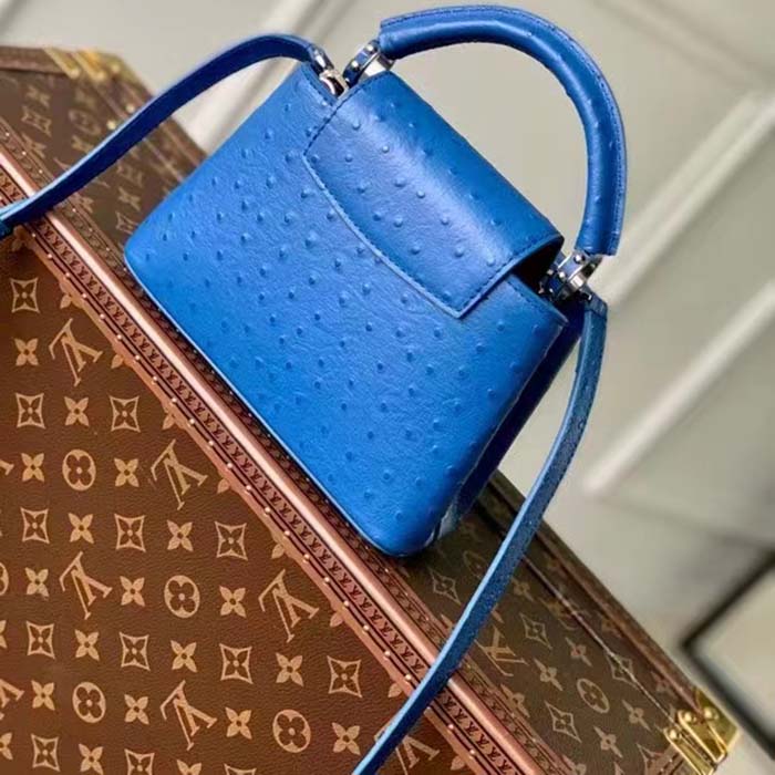 Louis Vuitton LV Women Capucines Mini Menthe Blue Goatskin Ostrich Leather Monogram Flower