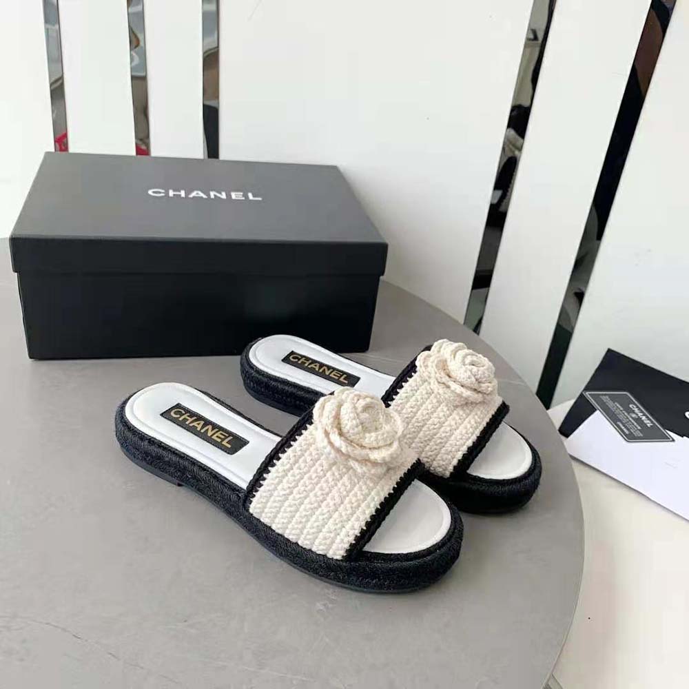 Chanel Women Mules Crochet Ivory and Black 0.5 cm Heel-White