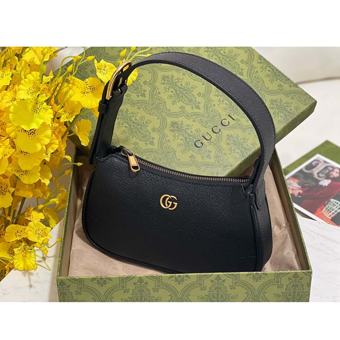 Gucci Women GG Aphrodite Shoulder Bag Double G Black Leather Zip Closure