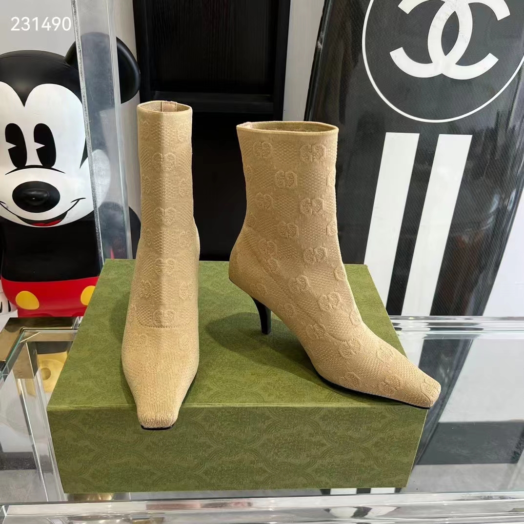 Gucci Women GG Knit Ankle Boots Beige GG Technical Knit Fabric Square Toe Leather Mid-Heel