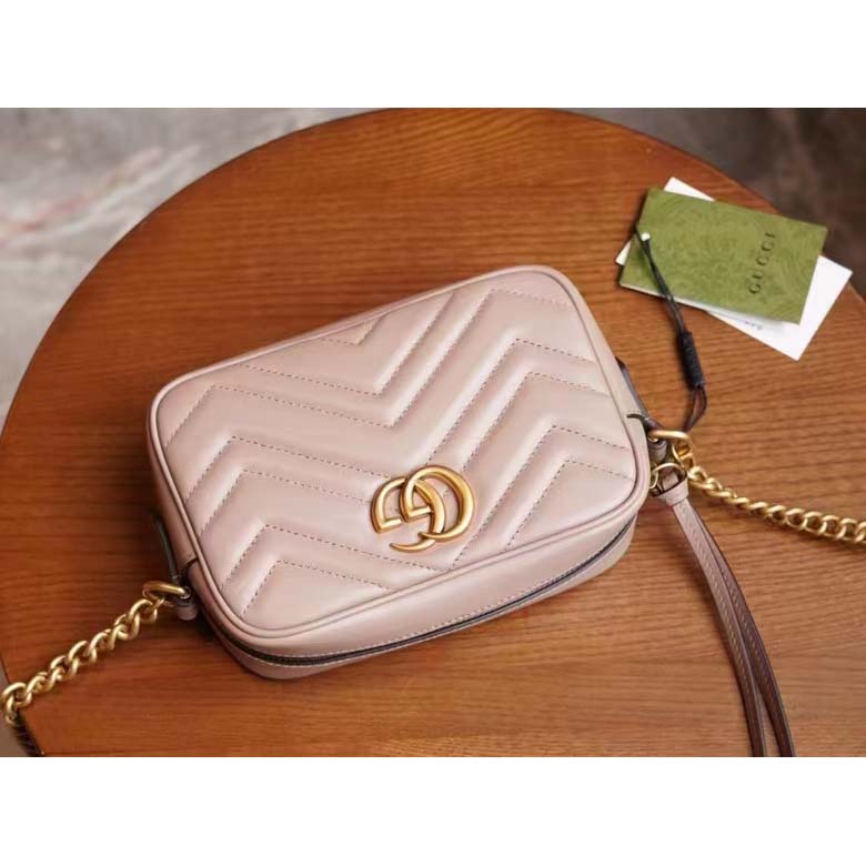 Gucci Women GG Marmont Matelassé Mini Bag Dusty Pink Matelassé Chevron Leather