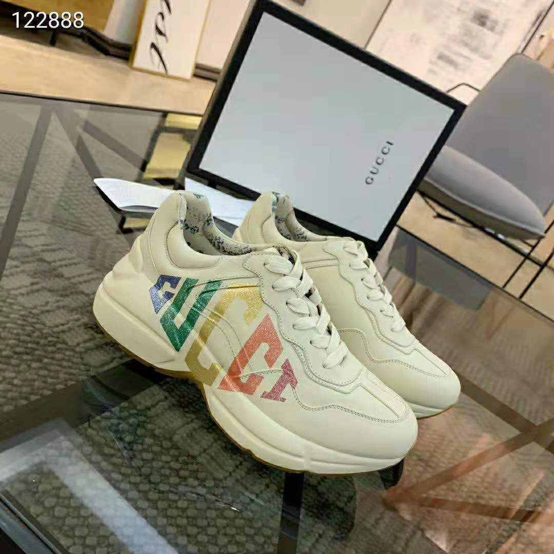 Gucci Women Rhyton Glitter Gucci Leather Sneake-Beige