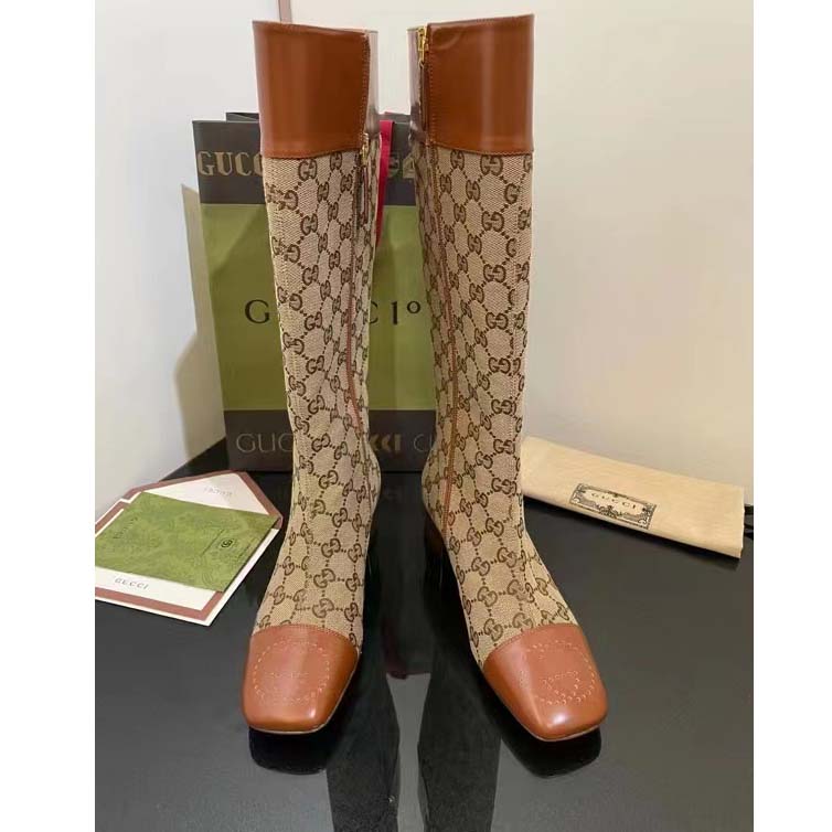Gucci Blondie Women’s GG Knee-High Boot Beige Ebony Canvas Cuir Leather Low 5 Cm Heel
