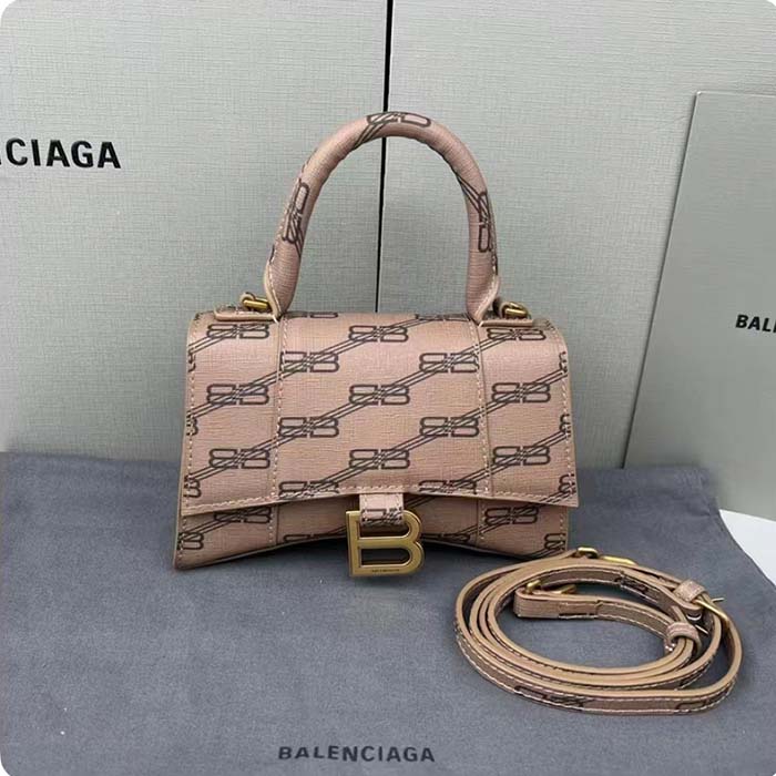 Balenciaga Women Hourglass XS Handbag Beige Brown BB Monogram Coated Canvas