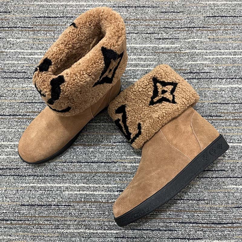 Louis Vuitton Women LV Snowdrop Flat Ankle Boot Brown Suede Calf Shearling Wool