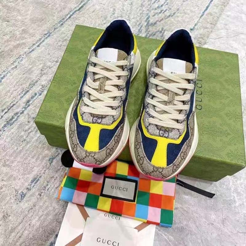 Gucci Unisex Rhyton Sneaker Beige White Blue GG Supreme Canvas Low Heel