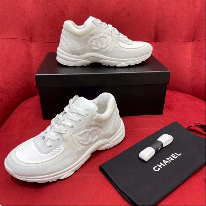 Chanel Women CC Low Top Sneakers Calfskin Suede Leather Triple White