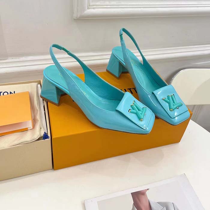 Louis Vuitton LV Women Shake Slingback Pump Blue Patent Calf Leather Lambskin 5.5 Cm Heel