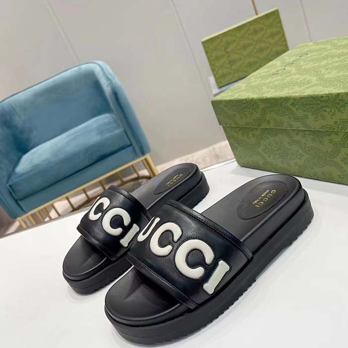 Gucci Unisex GG Slide Sandal Black White Leather Script Rubber Flat