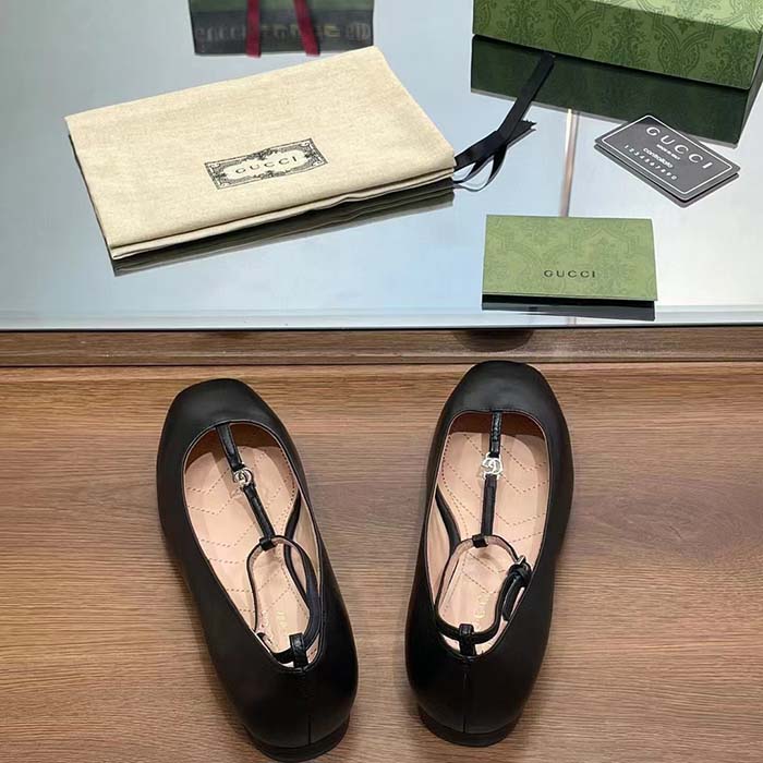Gucci Women GG Ballet Flat Double G Black Leather Sole Flat 1 Cm Heel