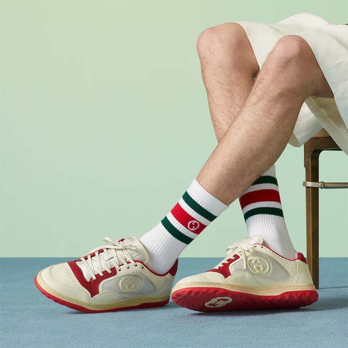 Gucci Unisex GG MAC80 Sneaker Off White Red Leather Round Toe Rubber Flat