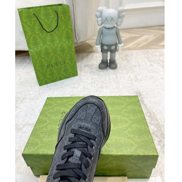 Gucci Unisex GG Rhyton Sneaker Black Supreme Canvas Rubber Lace-Up Mid Heel