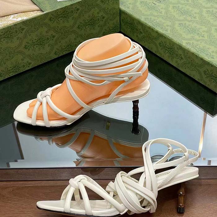 Gucci Women GG Strappy Sandal Bamboo White Leather Bamboo Low Heel