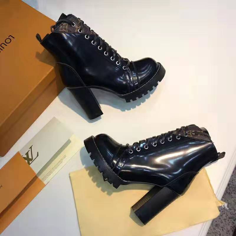 Louis Vuitton LV Women Star Trail Ankle Boot in Black Glazed Calf Leather with Monogram Canvas-Black