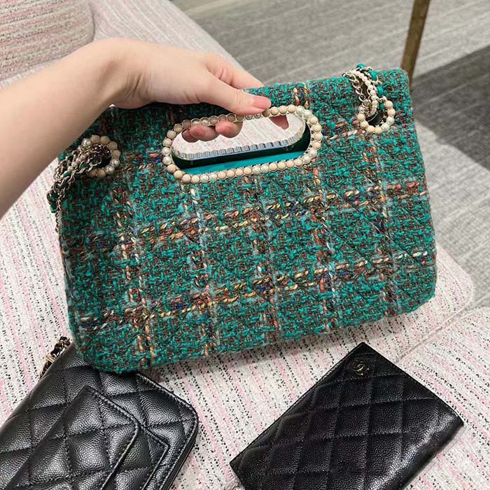 Chanel Women CC Large Flap Bag Top Handle Wool Silk Tweed Glass Wooden Pearls