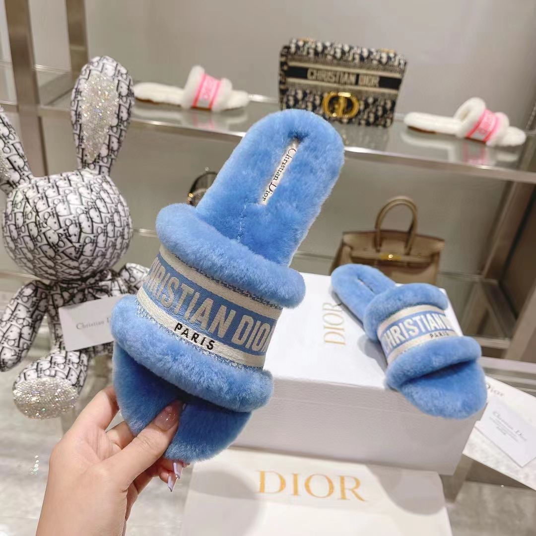 Dior Women CD Shoes Chez Moi Slide Bright Blue Embroidered Cotton Shearling