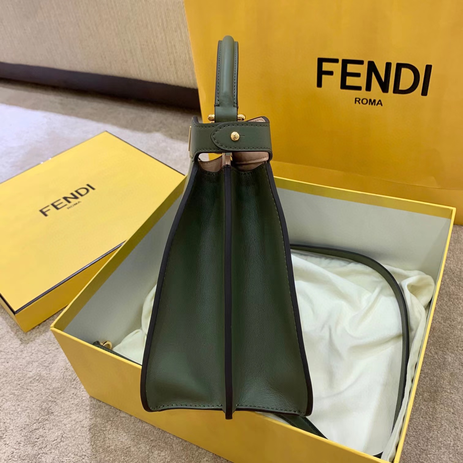 Fendi Women FF Peekaboo Medium Calfskin Leather Bag-Dark Green