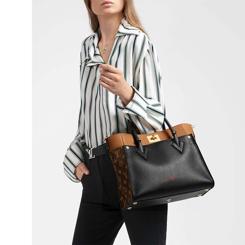Louis Vuitton LV Women On My Side MM Tote Bag Black Twist Calfskin Monogram Coated Canvas