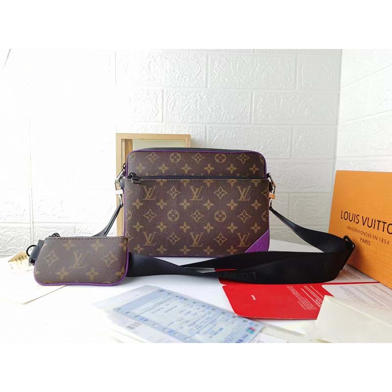 Louis Vuitton LV Unisex Trio Messenger Bag Monogram Macassar Coated Canvas Purple Cowhide