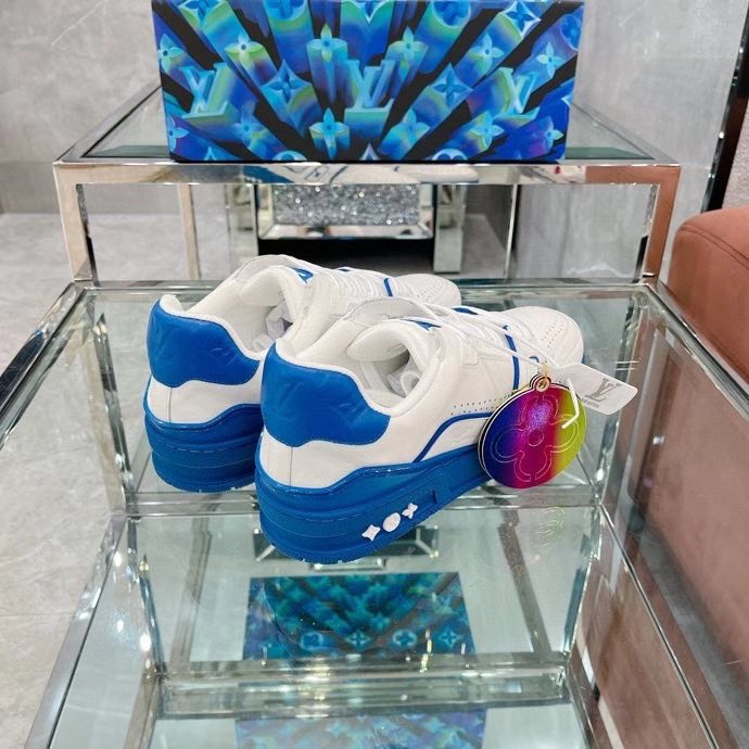 Louis Vuitton Unisex LV Trainer Sneaker Blue Calf Leather Rubber Outsole Monogram Flowers