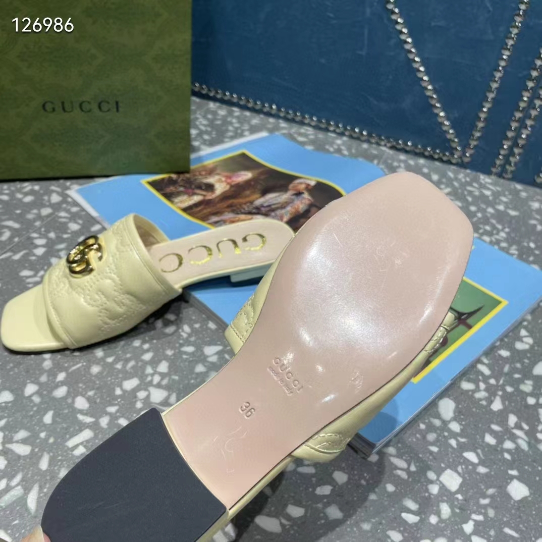Gucci Women Matelassé Slide Sandal Beige GG Matelassé Leather Square Toe Flat