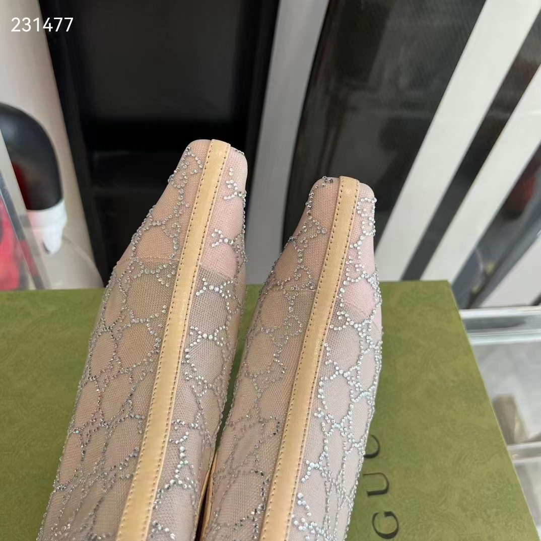 Gucci Women GG Mid-Heel Boot Rose Beige GG Crystal Mesh Leather Sole Pointed Toe