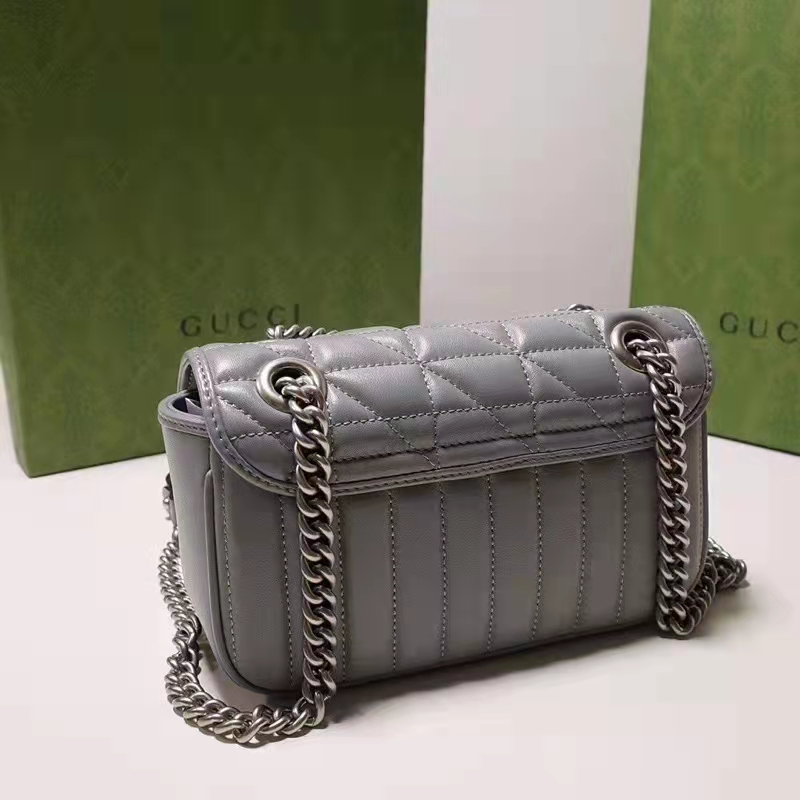 Gucci Women GG Marmont Small Shoulder Bag Grey Matelassé Leather Double G