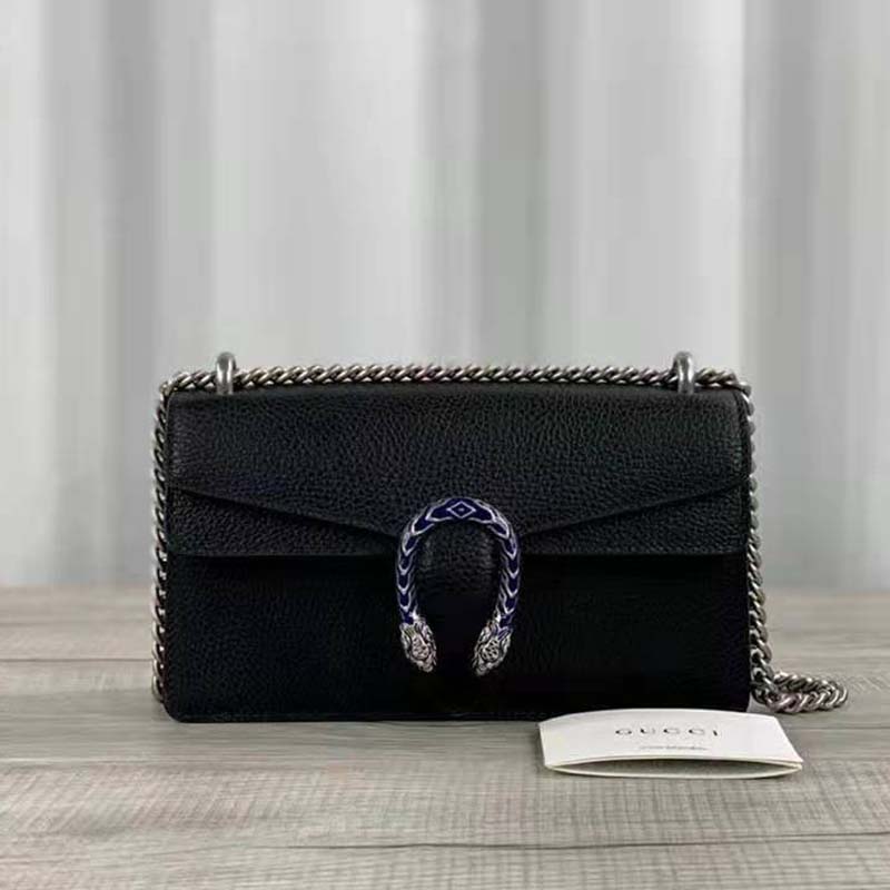 Gucci Women Dionysus Small Shoulder Bag Black Textured Leather Tiger Head