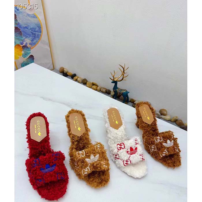 Gucci Women Adidas x Gucci Slide Sandal Red GG Trefoil Shearling-Effect Fabric