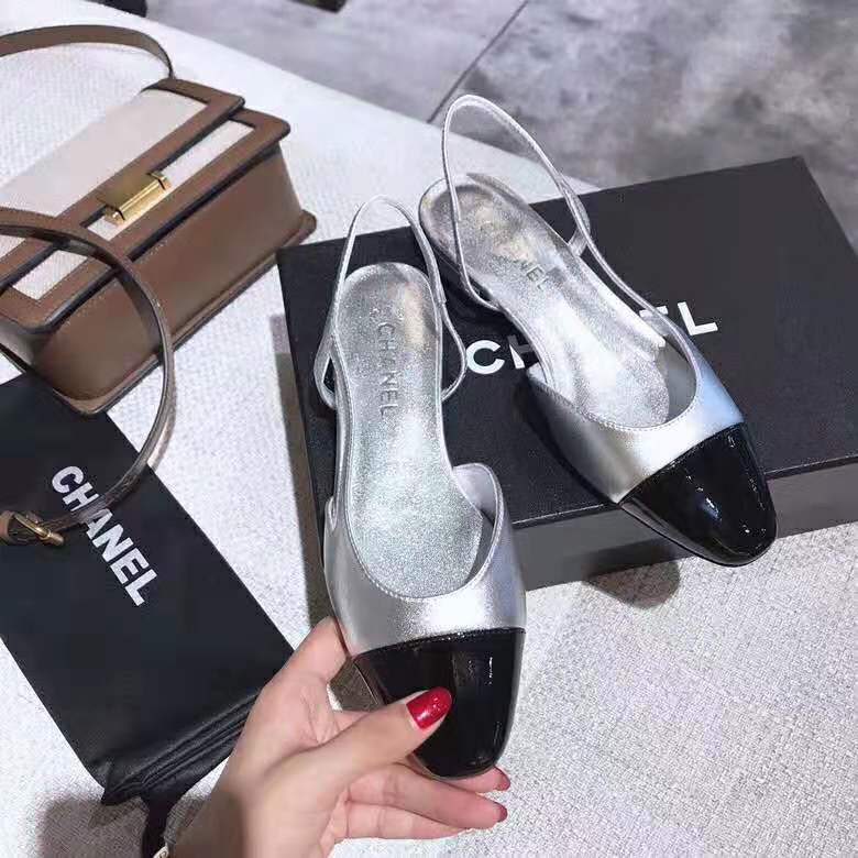 Chanel Women Slingbacks in Metallic Lambskin & Satin-Silver