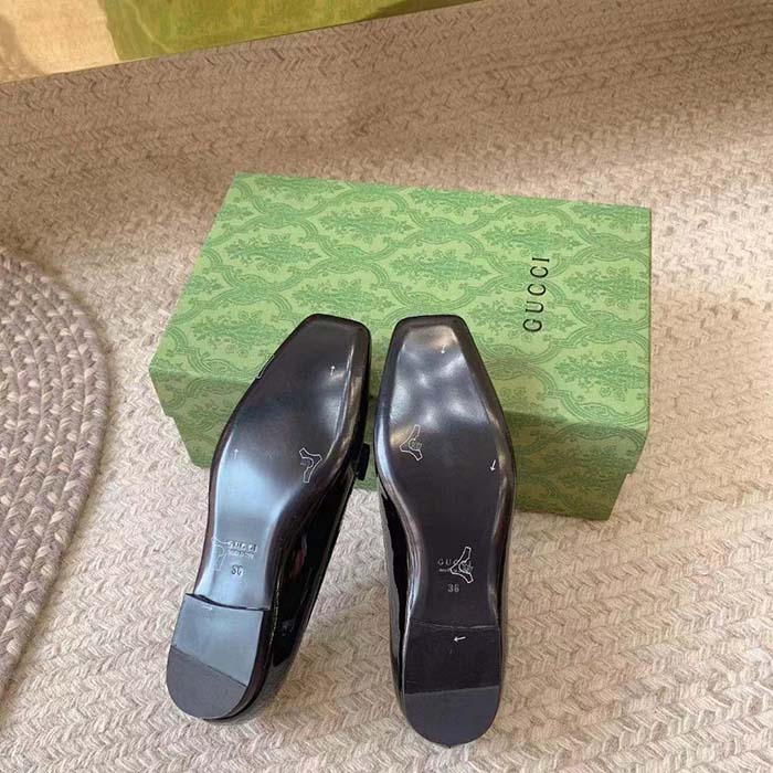 Gucci Women Ballet Flats GG Canvas Black Patent Leather Bow Sole Square Toe