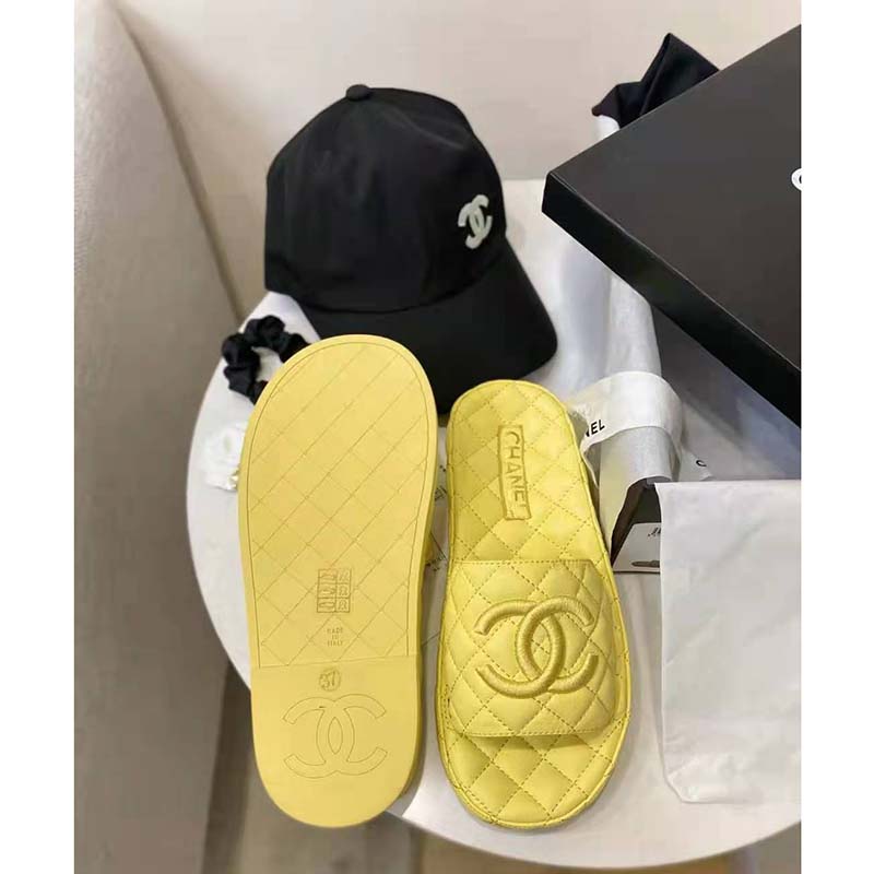 Chanel Women Mules Mules Lambskin Yellow 0.5 cm Heel