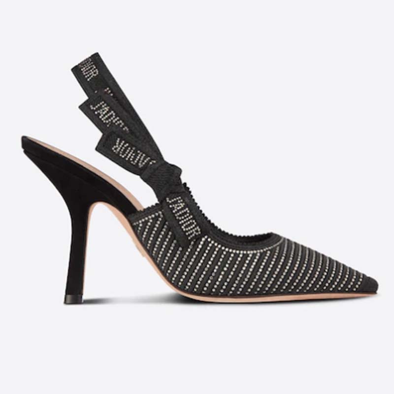 Dior Women CD J’Adior Slingback Pump Black Cotton Embroidered Silver-Tone Strass