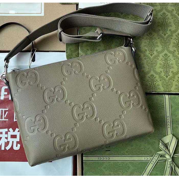 Gucci Unisex Jumbo GG Medium Messenger Bag Dark Green Leather Zip Closure