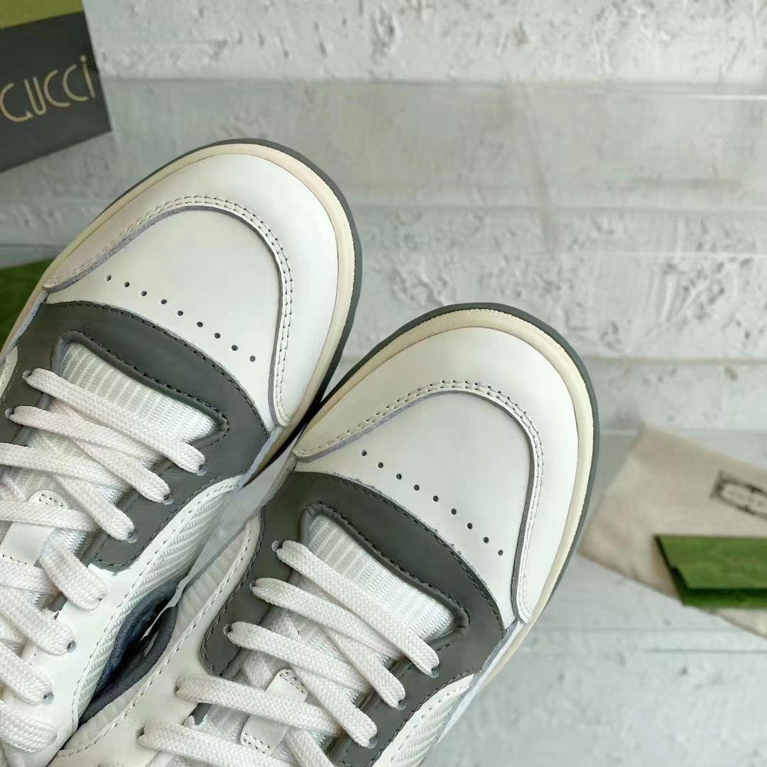 Gucci Unisex GG MAC80 Sneaker Off White Grey Leather Round Toe Rubber Flat