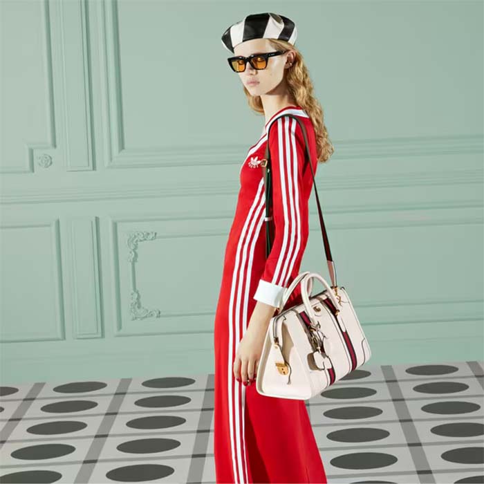 Gucci Unisex GG Bauletto Medium Top Handle Bag White Leather Double G