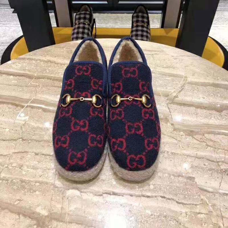 Gucci Unisex GG Wool Loafer in Blue and Red GG Wool