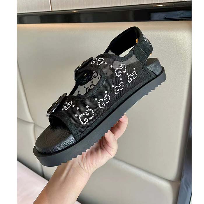 Gucci Women GG Sandal Crystals Black Mesh Tonal Suede Rubber Sole Flat