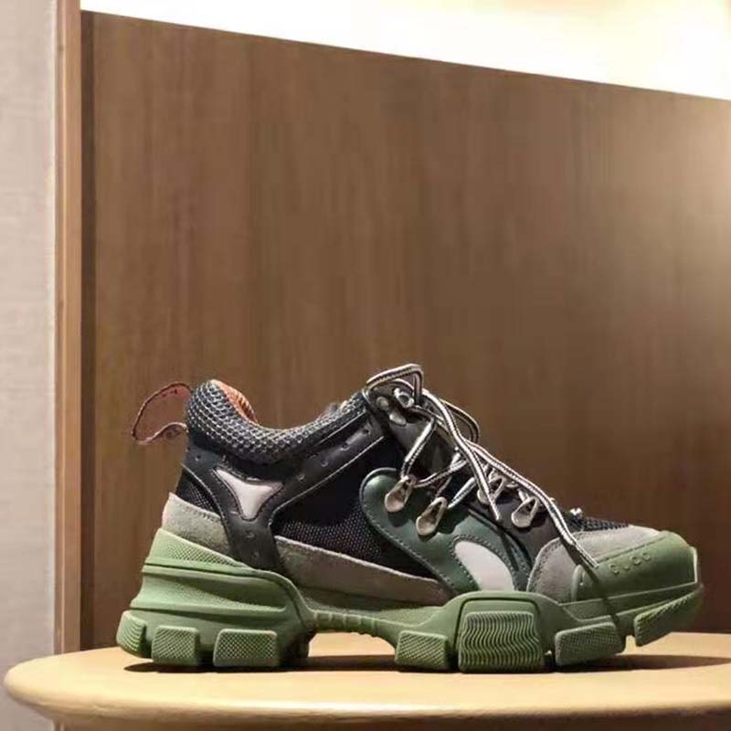 Gucci Unisex Flashtrek Sneaker in Green and Black Leather 5.6 cm Heel