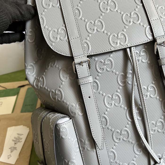 Gucci GG Unisex GG Embossed Backpack Grey GG Embossed Leather
