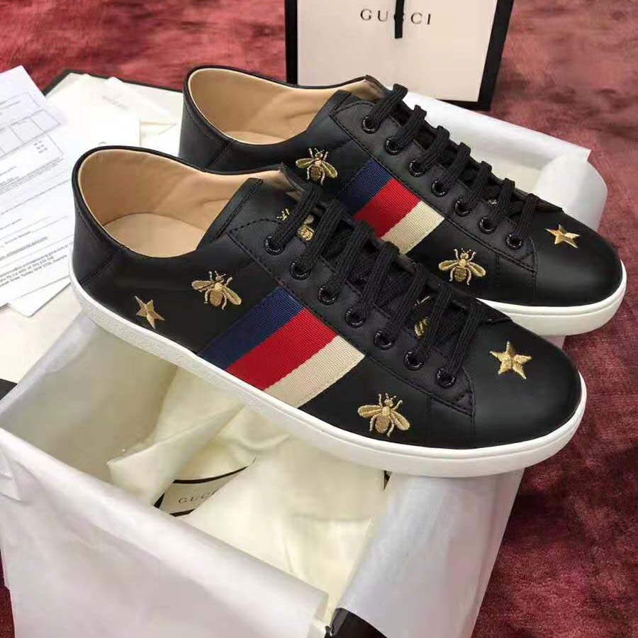Gucci Men’s Ace Embroidered Sneaker in Black Leather with Bees and Stars