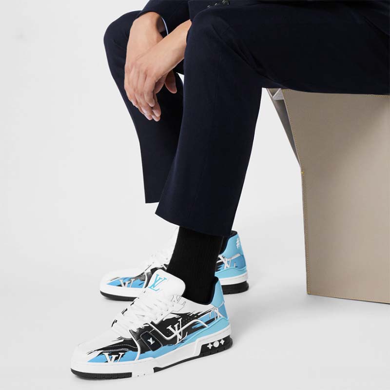 Louis Vuitton Unisex LV Trainer Sneaker Black Printed Calf Leather Rubber Monogram Flowers