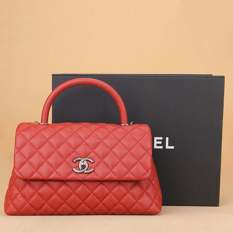 Chanel Women Flap Bag with Top Handle in Grained Calfskin Leather-Red