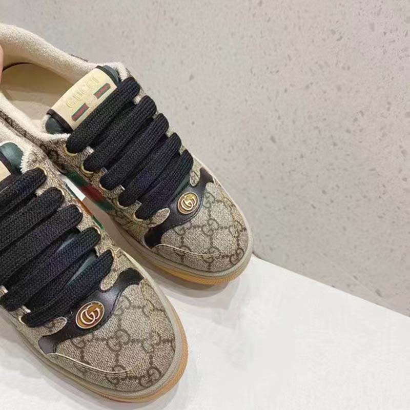 Gucci Unisex GG Screener Sneaker Beige Ebony GG Supreme Canvas Green Red Web
