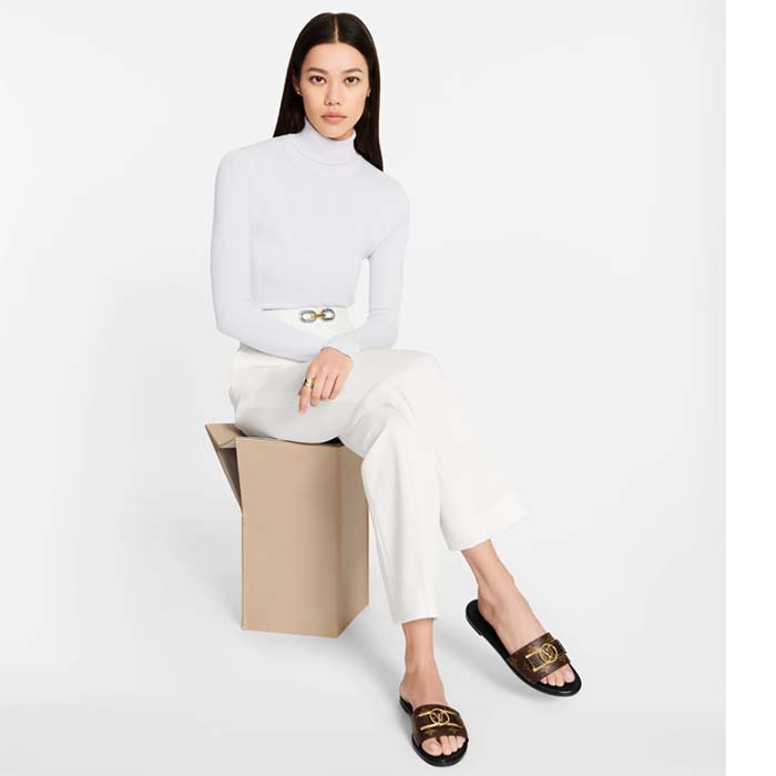 Louis Vuitton LV Women Lock It Flat Mule Brown Patent Monogram Canvas Leather