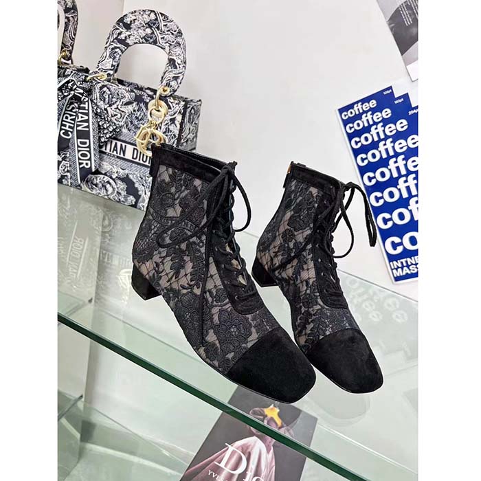 Dior Women CD Naughtily-D Ankle Boot Black Transparent Mesh Suede Embroidered Roses Motif