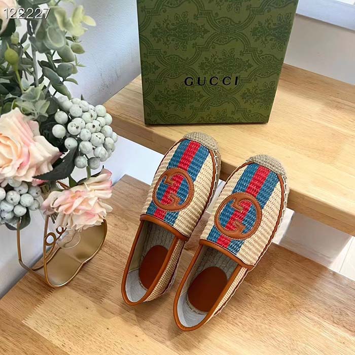 Gucci Unisex GG Interlocking G Espadrilles Natural Raffia Brown Leather Round Toe Flat