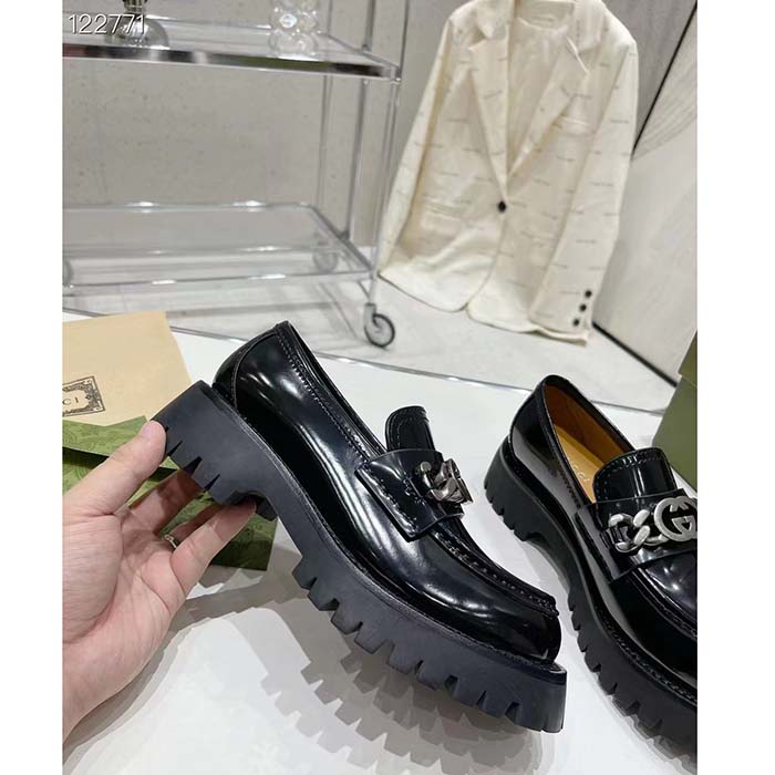 Gucci Women GG Interlocking G Lug Sole Loafer Black Leather Rubber Flat 1.5 CM Heel