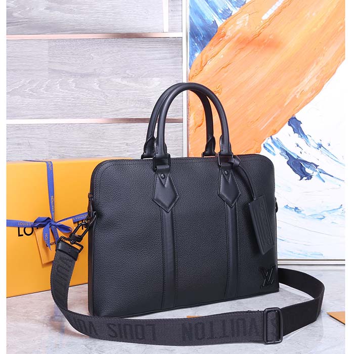 Louis Vuitton LV Unisex Takeoff Briefcase Black Grained Calf Leather Cowhide Textile Lining